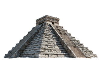 Ancient, weathered stone pyramid with steep steps, against black