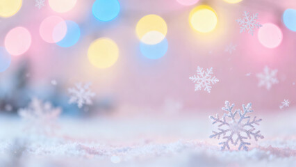 Naklejka premium Serene winter scene with delicate snowflakes resting on soft snow, set against dreamy pastel bokeh background of colorful lights, evoking festive and peaceful atmosphere