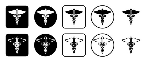 Icon set of caduceus symbol. Filled, outline, black and white icons set, flat style.  Illustration on transparent background