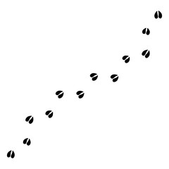 Simple trail of animal hoof prints. This black silhouette graphic shows the curved walking path of an animal with cloven hooves, such as a deer, horse, goat, or pig