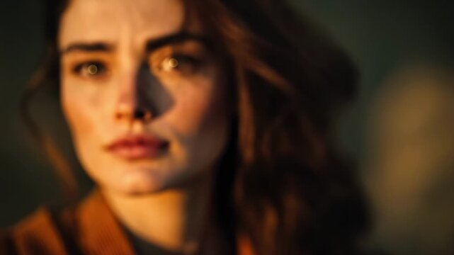 Close-up of a young woman with intense eyes, warm golden light on her face, hair softly blown, looking directly at the camera.