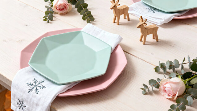 Pastel themed table setting features hexagonal plates in soft pink and mint green, adorned with embroidered napkins and wooden reindeer figurines, creating cozy Scandinavian Christmas ambiance - Powered by Adobe
