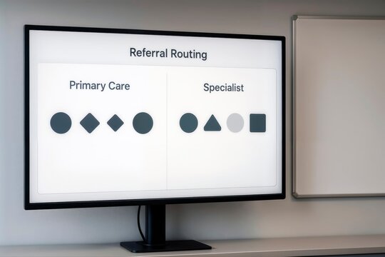 Digital screen showing a referral routing workflow for primary care and specialists.