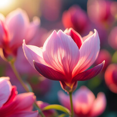 Fototapeta premium Sunlit Pink Magnolia Flower with Dark Green Foliage bloom blossom