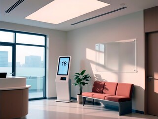 Self service check in kiosk in a modern medical clinic or hospital waiting room.