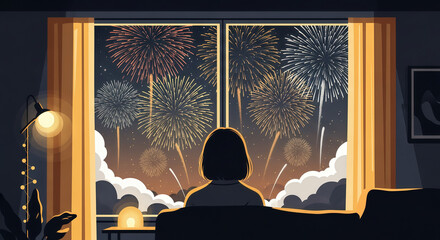 Vector illustration of people and a woman's silhouette celebrating a new year holiday party with fireworks lighting up the night sky