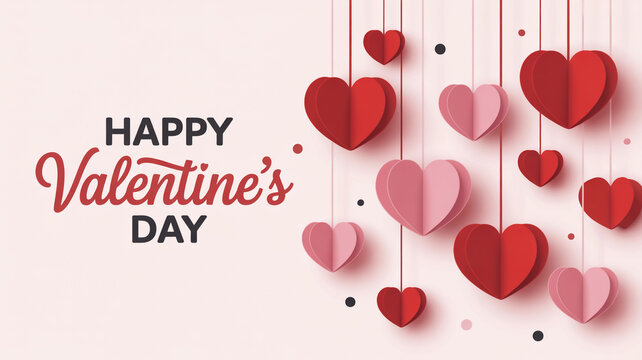 Happy valentines day card with hanging paper hearts and festive lettering on light pink background - Powered by Adobe