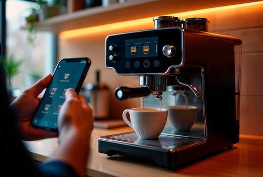 Person using smartphone app to control smart coffee machine.