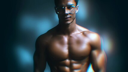Man with well-defined muscles poses confidently in glasses. Dramatic blue lighting enhances his physique. Concept of fitness, health, personal training, lifestyle brands