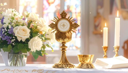 A ceremonial table displays ornate golden religious objects, flowers, and candles in a sunlit interior space with stained-glass