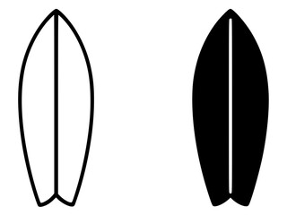 Minimalist icon, surfboard vector, black and white, outline and silhouette