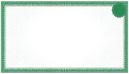 A certificate template featuring a decorative green border and a blank white interior ready for text. A circular emblem is in the upper right
