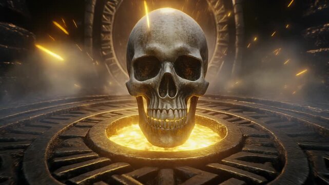 Glowing Skull Ritual Altar with Magic Circle - Fantasy Dark Energy Scene (4K)