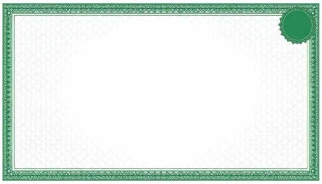 A certificate template featuring a decorative green border and a blank white interior ready for text. A circular emblem is in the upper right