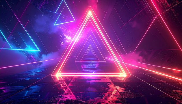 A corridor of glowing triangular neon lights with a wet reflecting floor and smoky backdrop in pink, blue, and purple - Powered by Adobe