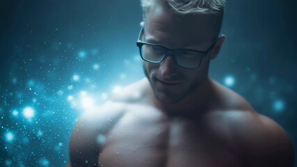 Muscular man stands confident with glasses in dramatic lighting creating sparkles around him. Dark background emphasizes strength and determination. Concept fitness, bodybuilding, personal training
