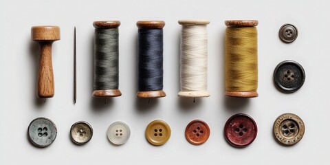 High-resolution flat-lay of sewing tools--thread spools, needles, buttons--arranged on white background.