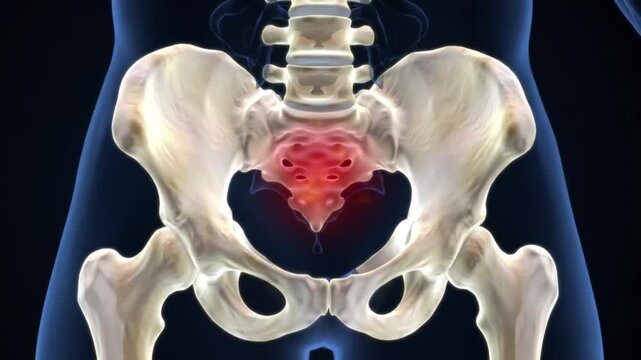 Animated Pelvic Bone Structure with Sacrum Highlighted in Red for Medical Visualization