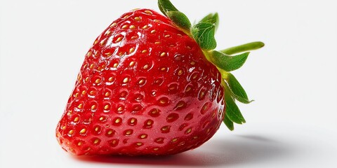 Realistic photo of a single ripe strawberry on a pure white backdrop, vibrant color contrast, detailed texture and seeds.