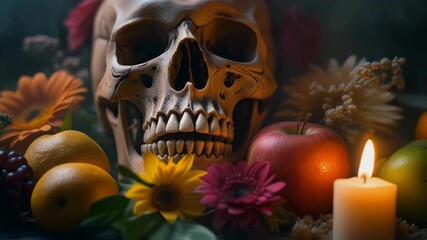 Gothic Skull Still Life with Flowers and Candlelight - Dark Aesthetic Composition (4K) - Powered by Adobe