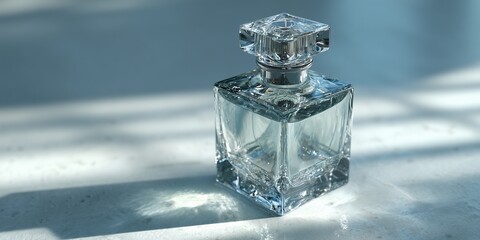 Realistic shot of a glass perfume bottle on a white surface, light reflections and crystal clarity.