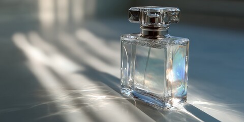 Realistic shot of a glass perfume bottle on a white surface, light reflections and crystal clarity.