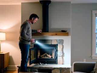 Man with flashlight inspects modern fireplace insert in a living room at home.