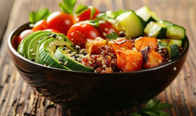 Healthy vegetarian poke bowl with avocado tomato and quinoa