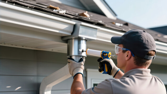 Worker applies sealant to a new gutter downspout during installation.