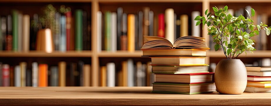 Stacked books in a library, with an open book and plant - Powered by Adobe