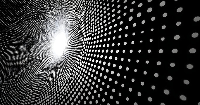 Black and white dotted halftone background.