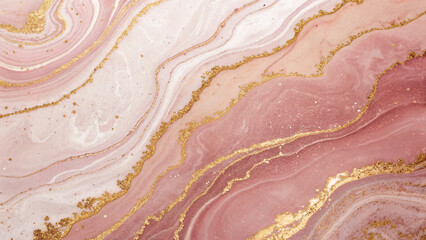 Luxury pink and gold stone marble texture. Alcohol ink technique abstract background. Modern paint with glitter. Template for banner, poster design. Fluid art painting 