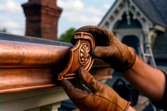 Worker in gloves installing ornate copper gutter on house exterior.