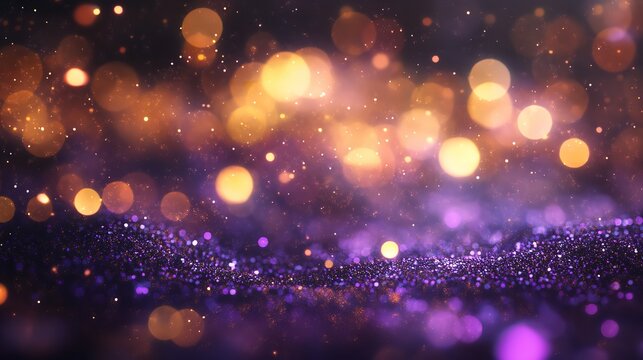 Golden and purple bokeh lights illuminate a dark surface, creating a festive and magical atmosphere for celebration - Powered by Adobe