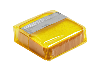 Wrapped bread, clear yellow plastic and foil sealing
