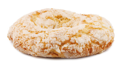 Delicious cake ring with sugar sprinkles on white background.