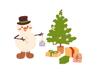 Smiling snowman decorating with ornaments a Christmas tree. Cute holiday vector illustration. Winter winter cold character from snowballs.