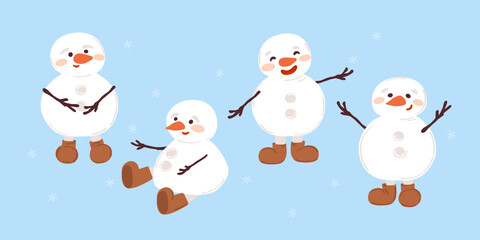 Cute snowman with different emotions. Adorable Christmas clipart collection. Winter holiday character vector illustration set on a blue background.