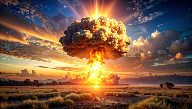 A dramatic explosion against a golden sky, over a dry landscape with a distant mountain range