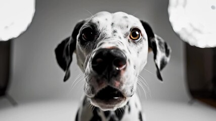 Dalmatian dog sits proudly in front of soft light, exuding warmth and friendliness, perfect for commercial use cases requiring lovable and approachable visual representation.