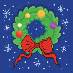 Christmas Wreath with Red Bow and Ornaments on Blue Winter Background Vector Illustration