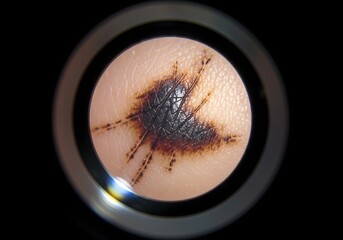 Dermascope examination of a suspicious mole on skin. Extreme close-up shows magnified pigmented network for skin cancer screening and dermatology diagnosis.