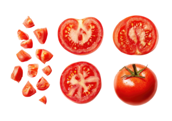 Sliced tomatoes, various cuts, bright, isolated black backdrop