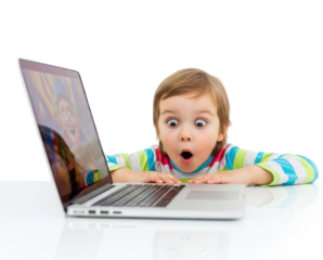 Surprised Wide-Eyed Child Looking at Laptop Screen Isolated Cutout Transparent PNG