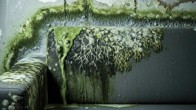 Green mold infestation rapidly spreading across sofa and wall in timelapse sequence