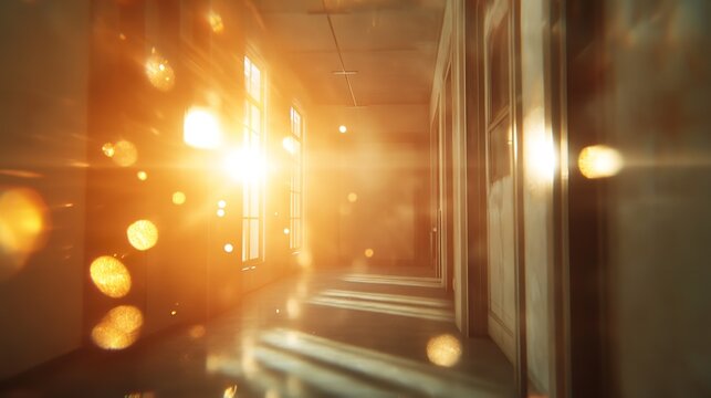 Abstract golden light explosion in corridor with bokeh particles and lens flare effect for background - Powered by Adobe