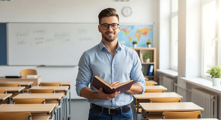 A smiling male teacher wearing glasses stands in an empty classroom, holding an open book, with desks, a whiteboard, and a world map in the background.