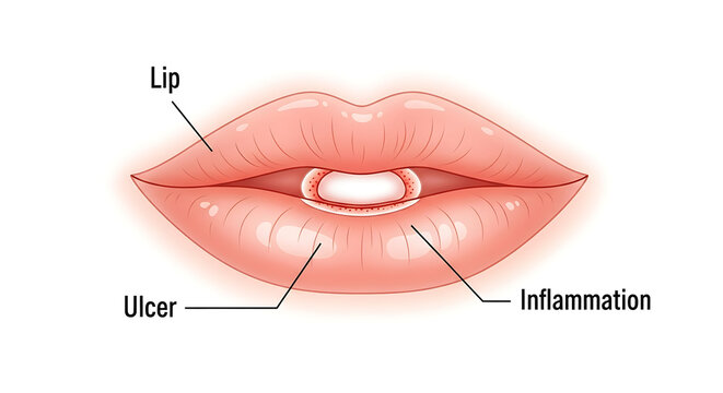 Illustration of a canker sore or aphthous ulcer on the inside of the lower lip, showing inflammation and the ulcer itself.