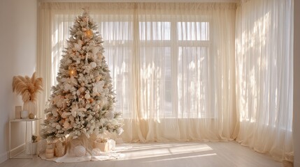 Bright Winter Home Scene With Frosted Christmas Tree, Soft Sunlit Curtains, And Cozy Gift Decor For Holiday Living Room