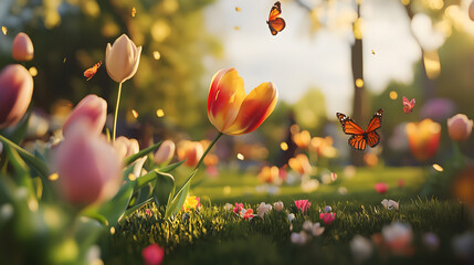 Spring Garden Blooming with Vibrant Tulips and Butterflies. Beautiful garden scene with colorful tulips and butterflies fluttering in sunlight.
